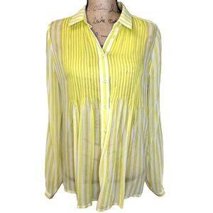 JEUNESSE Yellow White Striped Long Sleeve Button Up Sheer Silk Loose Shirt Sz M